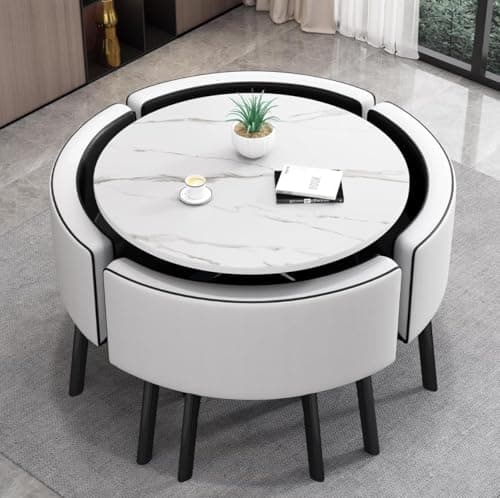 Image of VTELGT 35.4″ Dining Table and Chairs Set 4, 5 Piece Modern Dining Table Set, Faux Marble Tabletop with 4 PU Leather Chairs, Kitchen Table, Meeting Table for Space Saving (white round)