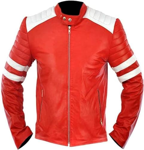 Image of Mens MAYHEM Fight Hybrid Brad Retro Biker White Stripes Red White Inspired Fight Club Movie Tops Leather Motorcycle Jacket, Red Mayhem Jacket, S