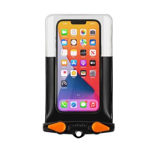 Image of Aquapac Waterproof Phone Case, Medium, Grey, Lanyard, iPhone and Android, Made in The UK, Hiking, Mountain Biking, Running Accessory, Floating, 5 Year Warranty. IPX8 certified to 30 ft deep.