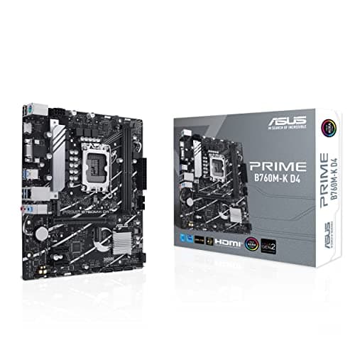 Image of ASUS Prime B760M-K D4, an Intel® B760 LGA 1700 mATX motherboard with PCIe 4.0, two PCIe 4.0 M.2 slots, DDR4, Realtek 2.5Gb Ethernet, VGA, HDMI®, SATA 6 Gbps, front USB 3.2 Gen 1, Aura Sync