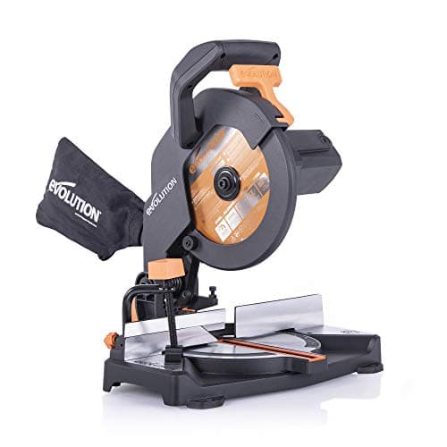 Image of Evolution Power Tools R210CMS Compound Miter Saw Multi-Material Cutting TCT Blade Included Cuts Wood Metal Plastic & More, 45° - 45° Degree Miter & 45˚ Degree Bevel Angles, 1200W, 210mm