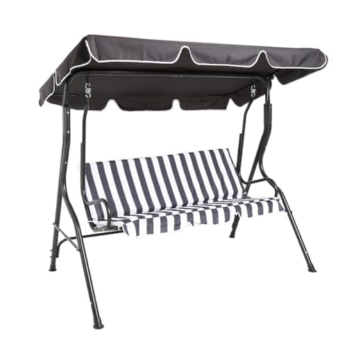 Image of CHARLES BENTLEY 2-3 Seater, Garden, Patio, Outdoor, Swing Seat Hammock Chair, Grey, White Striped, Weatherproof, Swinging Function, Thick Seat, Back Cushion, Steel Frame, Easy To Use (173x111x154cm)