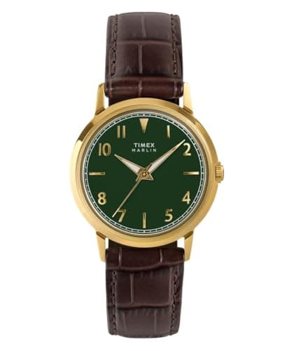 Image of Timex Unisex Marlin Quartz 34 mm Quartz Watch - Brown Leather Strap with Green Dial and Gold-Tone Case TW2Y37800
