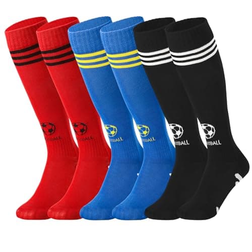 Image of Zuimei 3 Pairs Kids Football Socks, Boys Football Socks Kids Breathable Soccer Socks Knee High Sock for Boys Running Training, Aged 4-8(Black+Blue+Red)