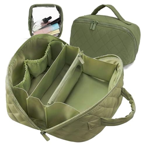 Image of Travel Makeup Bag for Woman,Lay-Flat Puffer Cosmetic Organizer Pouch,Large Capacity Make Up Case Open Flat Toiletry Bags,Cosmetic Bags,Quilted Makeup Bags with Brush Compartment & Handle (Green)