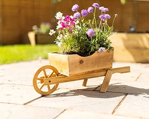 Image of Garden Mile® Garden Wooden Planter Novelty Wheelbarrow Plant Herb Flower Holder 3 Shelf 2 Tier Natural Outdoor Patio Decor Ornament Holder (Wooden Wheelbarrow Planter)