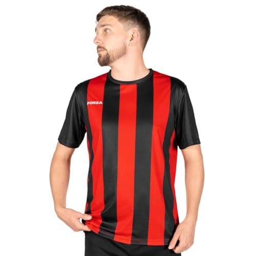 Image of FORZA Men’s Striped Jersey Shirt [XS-XXL] – Premium Short Sleeve Football T-Shirts | 5 Stripe Colour Options (Black and Red, XL)