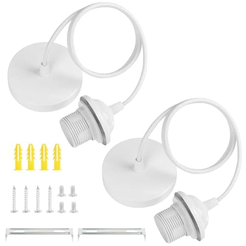 Image of AUAUY 2 Pack White Pendant Light Fitting, E27 Lamp Holder for Ceiling Pendant Light with 90CM Adjustable Cable, Flex Cable Ceiling Rose, Modern Ceiling Fitting Set for Kitchen Dining Room Ceiling
