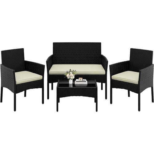 Image of Yaheetech 4 Pieces Outdoor Patio Conversation Set, PE Rattan Wicker Sofa Set with Soft Cushion and Tempered Glass Table for Yard, Poolside, Garden (Black/Beige)