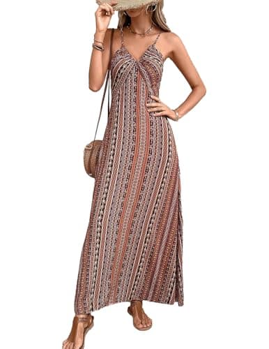 Image of LIAMERHE Women's Ethnic Maxi Dress Summer V-Neck Backless A-Line Sundress Spaghetti Strap Sleeveless Dresses Bohemian Ladies Casual Elegant Spring High Waist Slit Beachdress Yellow M