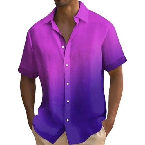 Image of Men's Short Sleeve Shirts UK Gradient Colour Button Down Hawaiian Shirt Summer Vacation Beach Shirts Lightweight Regular Fit Casual Tops Purple 4XL