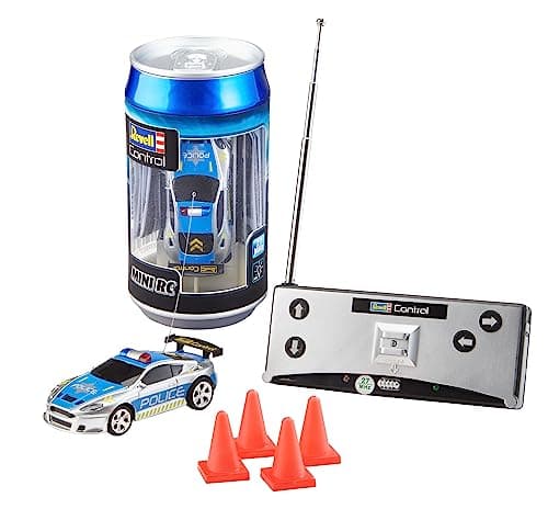 Image of Revell Control 23559 Mini Remote Control Car Police, With 27 MHz Control, In a Can Container, Includes Traffic Cones, 8cm in length