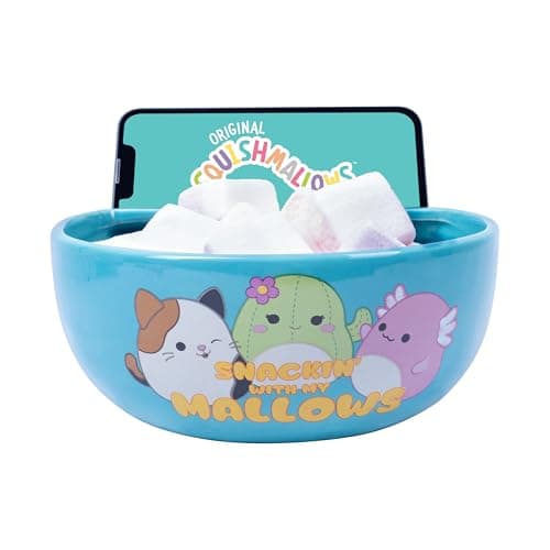 Image of Fizz Creations Squishmallows Stream n Snack Bowl 2-in-1 Bowl & Phone Holder. Featuring Cam The Cat, Maritza The Cactus & Archie The Axolotl.