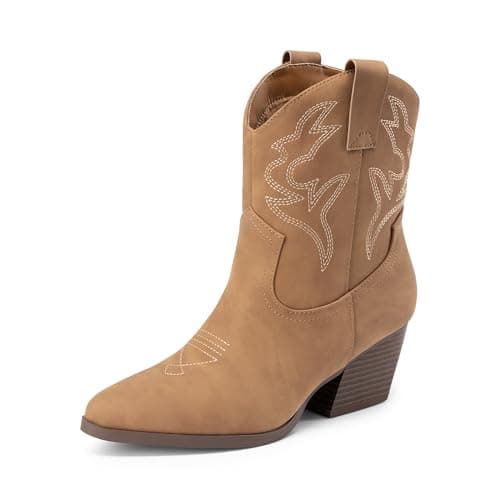 Image of DREAM PAIRS Women's Cowboy Cowgirl Boots Embroidered Stitched Short Western Boots Low Chunky Heel Pointed Toe Ankle Booties,Size 8,Tan,DWUMAB2504