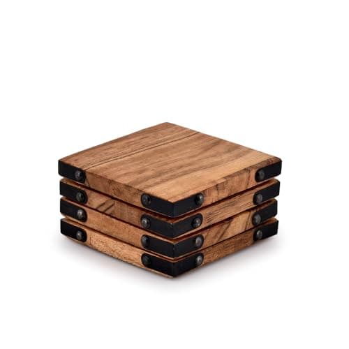 Image of Samhita Acacia Square Design 4 Piece Set Coaster Wood Coaster Gift for Family Friends Colleagues (Size - 10.16cm x 10.16cm)