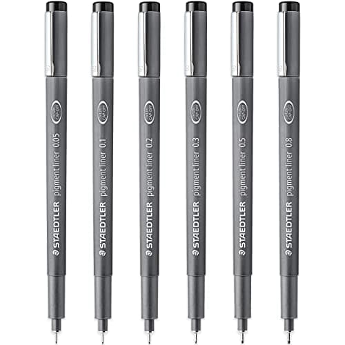 Image of STAEDTLER 308 Pigment Liner Fineliner Pen - 0.05mm, 0.1mm, 0.2mm, 0.3mm, 0.5mm & 0.8mm Nibs - Black Ink - Pack of 6