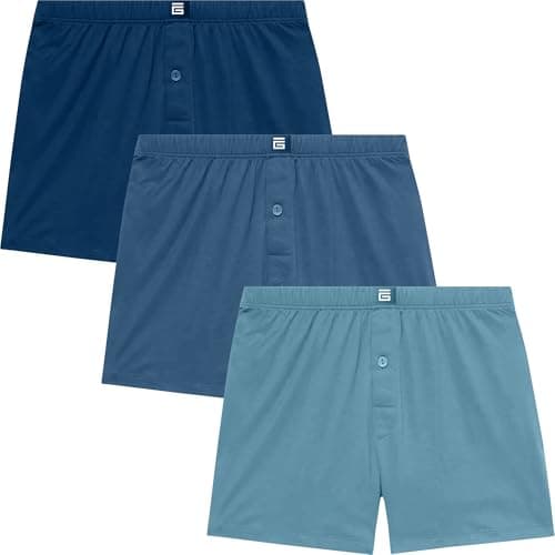 Image of Giovici Mens Boxers Loose Fit - Super Soft Cotton Mens Boxers Shorts with Button Fly - Mens Underwear - Tag-free Loose Boxers For Men Multipack (3 Pack, Blue, L)