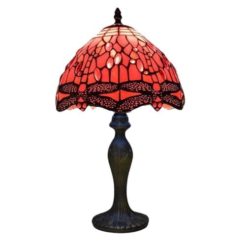 Image of TIFFORA Tiffany Style Table Lamp | Stained Glass Bedside Lamp with Dragonfly Design | Desk Lamp for Bedroom, Living Room, Reading & Home Decor | Red Color | E27 LED Compatible