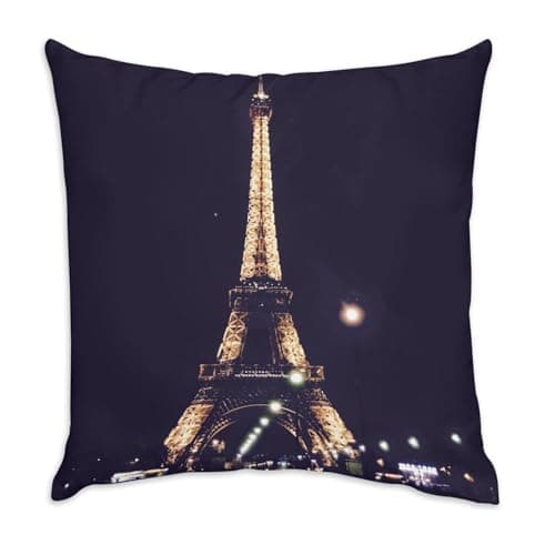 Image of White Velvet Cushion – Facing the Eiffel Tower Illuminated at Night View of Paris France – 40 x 40 cm – Velvet Feel – Cover and Cushion Included