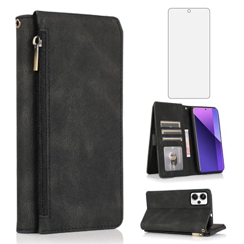 Image of Asuwish Compatible with Xiaomi Redmi Note 13 Pro Plus 5G (Pro+) Wallet Case Tempered Glass Screen Protector Zipper Retro Leather Flip Cover Card Holder Stand Cell Accessories for Pro+ Women Men Black