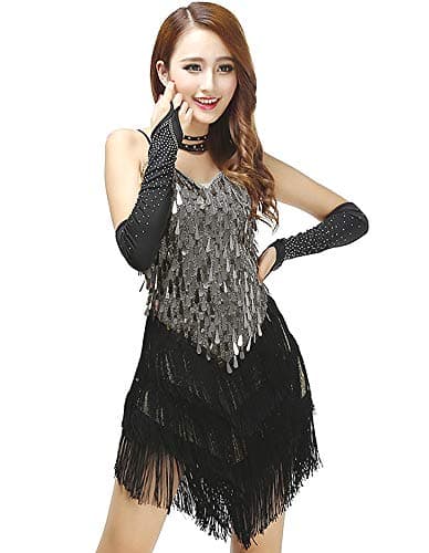 Image of Grouptap Womens silver flapper gatsby sequin tassel ballroom dance sling skirt and latin salsa tango samba cha cha rumba dress (Silver Black, UK 6-12)
