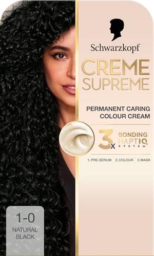 Image of Schwarzkopf Creme Supreme 1-0 Natural Black, Permanent Hair Dye, Caring Hair Dye Colouration with 3-Step Bonding System Against Damage, 100% Grey Coverage