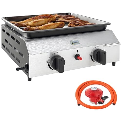 Image of Outsunny Gas Plancha Barbecue Grill with 2 Stainless Steel Burners, 4.8kW, Portable Tabletop Gas BBQ with Non-Stick Griddle for Camping, Picnic, Garden, Party, Festival, Silver Tone