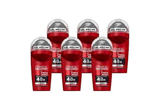 Image of L'Oréal Paris Men Expert 96H Stress Resist Anti-Perspirant Roll On Deodorant for Men, 50ml Pack of 6, Bulk Buy