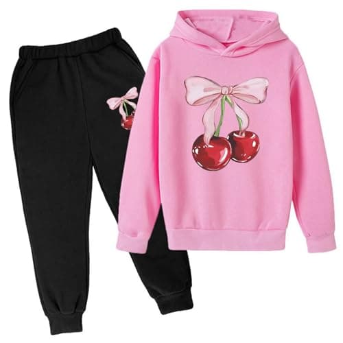 Image of SoLu DAY8 Clothing Set Kids Girls Age 3-14 Years Bow Cherry Tracksuit Sets for Teens Girls Hooded Sweatshirt and Jogger Sweatpants Winter Cute Stretchy Comfy School Casual Sports (13-14 Years, Pink)