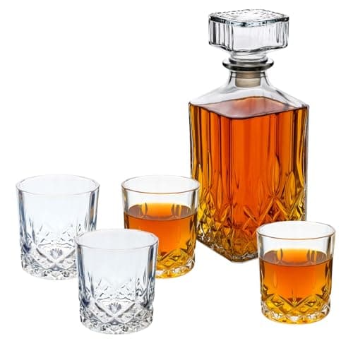 Image of UNIQUE HOME LIVING Whiskey Decanter Set, 900ml Diamond Cut Glass Decanter with Stopper and 4pcs 300ml Tumblers for Whiskey, Bourbon, Scotch, Wine, 5-Piece Vintage Glass Barware Gift Set
