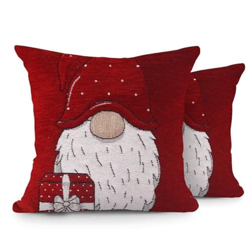 Image of Velosso Christmas Soft Cotton Chenille Tapestry Cushion Cover Xmas Festive Scatter Cushions Nordic Santa Reindeer Stag Snowman (2, Red Gonk, 43x43cms)