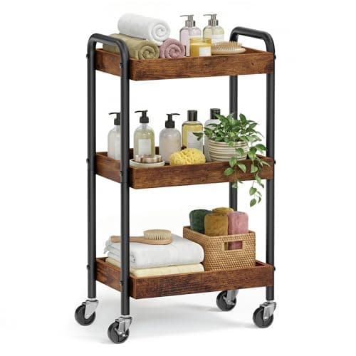 Image of SONGMICS Storage Cart, Auxiliary Trolley, Kitchen Shelf with Handles, Easy Assembly, Bedroom, Bathroom, Kitchen, Steel Frame, 27.5 x 41.5 x 73 cm, Rustic Brown LRC081KD01