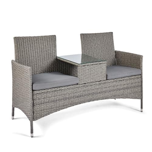 Image of VonHaus Rattan Love Seat for Garden - Grey PE Wicker Outdoor Jack and Jill Seat for 2 People - Weatherproof Loveseat with Glass Tabletop for Patio & Terrace - Tete a Tete with Removable Cushions
