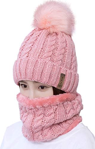 Image of Womens Pom Beanie Hat Scarf Set Girls Winter Ski Hat Slouchy Knit Cap with Fleece Lined (Pink)