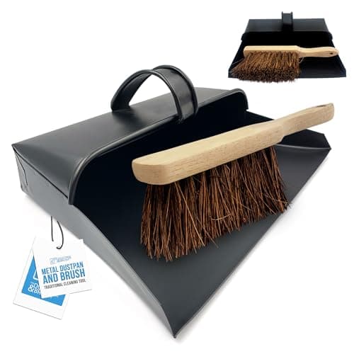 Image of Black Hooded Metal Dust Pan and Stiff Brush Dustpan ash pan Traditional Dustpan and Brush