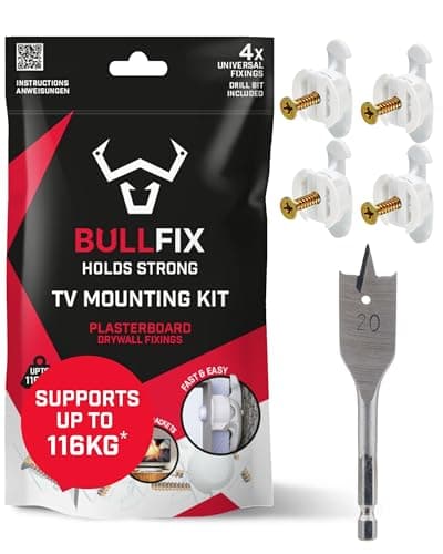 Image of Bullfix TV Kit - Plasterboard Fixings for TV Bracket, Heavy Duty Wall Fixing for Television Bracket & Mount to Stud, Dot & Dab, Insulated Plasterboard, Hollow Cavity Wall & Drywall Mounting Anchors