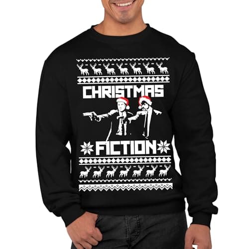 Image of Graphic Impact Inspired Fiction Retro Movie Theme Santa Hat Xmas Reindeer Ugly Christmas Xmas Sweatshirt Sweater Christmas Jumper (Black, Large)