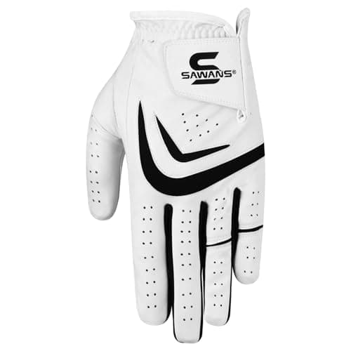 Image of SAWANS Golf Glove Men Left Hand Right Non Slip Leather Grip Golfer Gloves All Weather Soft Durable Comfortable Flexible Wear Golfing Performance (White, M/L, Left Hand)
