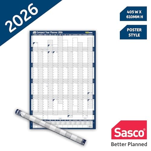 Image of Sasco 2026 Compact Wall Planner – Portrait Year Calendar with Wet Wipe Pen & Stickers, 40.5x61cm, Blue – Calendar 2026 UK & ROI Holidays Marked – Convenient for Home or Study Areas