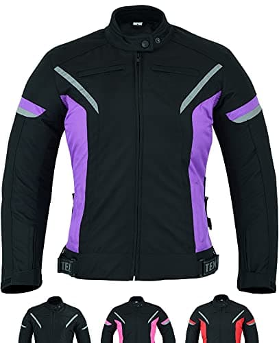 Image of Texpeed Womens Motorcycle Biker Jacket Ladies Waterproof Textile Cordura Coat With Motorbike CE Armour (EN 1621-1) Black Purple - L