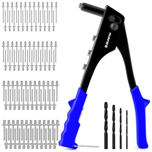 Image of BLOSTM Pop Rivet Gun Kit - 100 PCS Pop Rivets in 4 Sizes (2.4mm 3.2mm 4mm 4.8mm) Pop Riveter Gun, 4 Rivet Nosepieces, 4 Drill Bits - Hand Riveter for Metal, Plastic, Auto Repairs, Furniture (Blue)