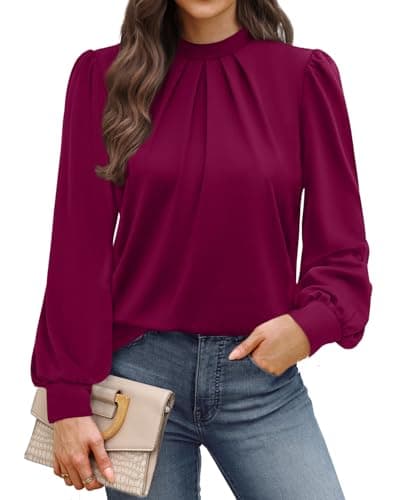 Image of WIHOLL Blouses for Women Long Sleeve Tops Mock Neck Pleated Shirts Ladies Tops Business Loose Fit Size 18-20 Purple