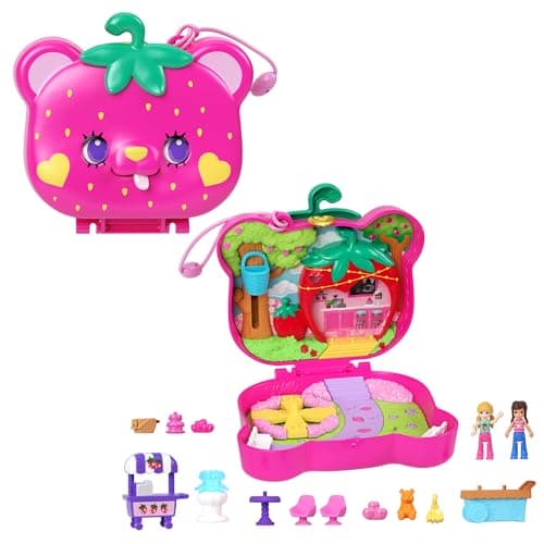 Image of Polly Pocket Playset with 2 Micro Dolls & 12 Accessories, Straw-beary Patch Compact Travel Toy with Fidget Exterior, HRD35