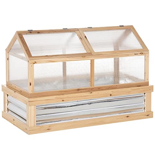 Image of Outsunny Raised Garden Bed with Greenhouse, Wooden Garden Cold Frame Greenhouse Flower Planter Protection with 2 Independent Roofs, 122 x 61 x 82 cm, Natural Wood Finish