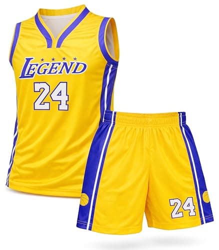 Image of True Threads Kids Basketball Jerseys #24 Mesh Sleeveless Tank Top Shorts for Boys Girls 2PC Athletic Training Uniforms (Yellow#24, 2-3 Years)
