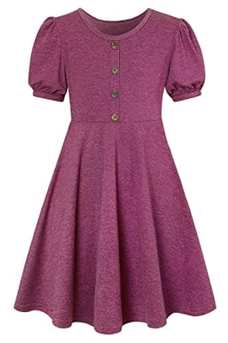 Image of SFreeBo Purple Dress for Girls 9-10 Years - Summer Lantern Short Sleeve Birthday Party Casual Solid Color Dress for Little Girl