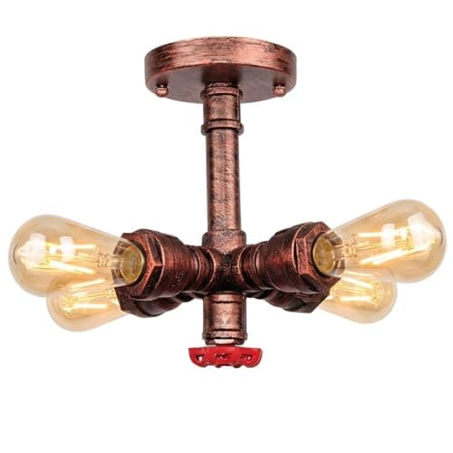 Image of DC VOLTAGE Industrial Pipe Chandelier Ceiling Light, 4-Light Vintage Steampunk Metal Pendant with E27 Edison Bulbs, Rustic Hanging Fixture for Kitchen, Dining Room, Cafe, Bar (Rustic Red)