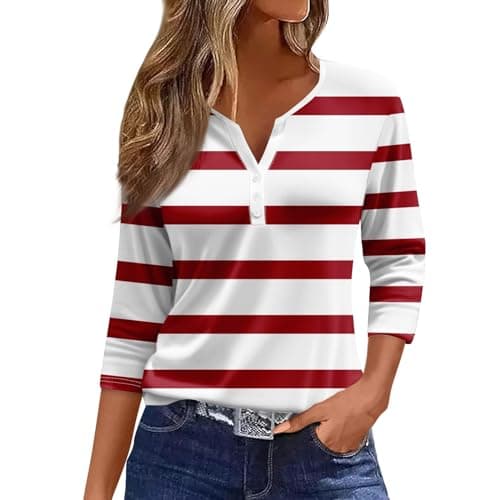 Image of Stylish V-Neck Blouse for Women Cotton Stripe 3/4 Sleeve T-Shirt Top(01-Red,L)