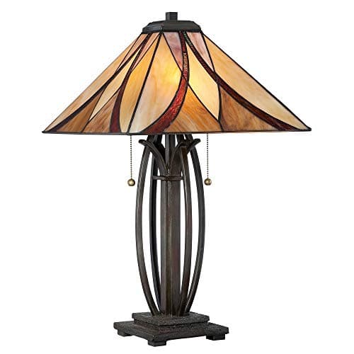 Image of 2 Bulb Table Lamp - Tiffany Style Coloured Glass - Pull Cord On/Off Switch - Valiant Bronze Finish - LED E27 60W Bulb