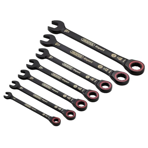 Image of Draper 03895 Expert HI-TORQ Metric Ratchet Combination Spanner Set, Black (7 Piece)